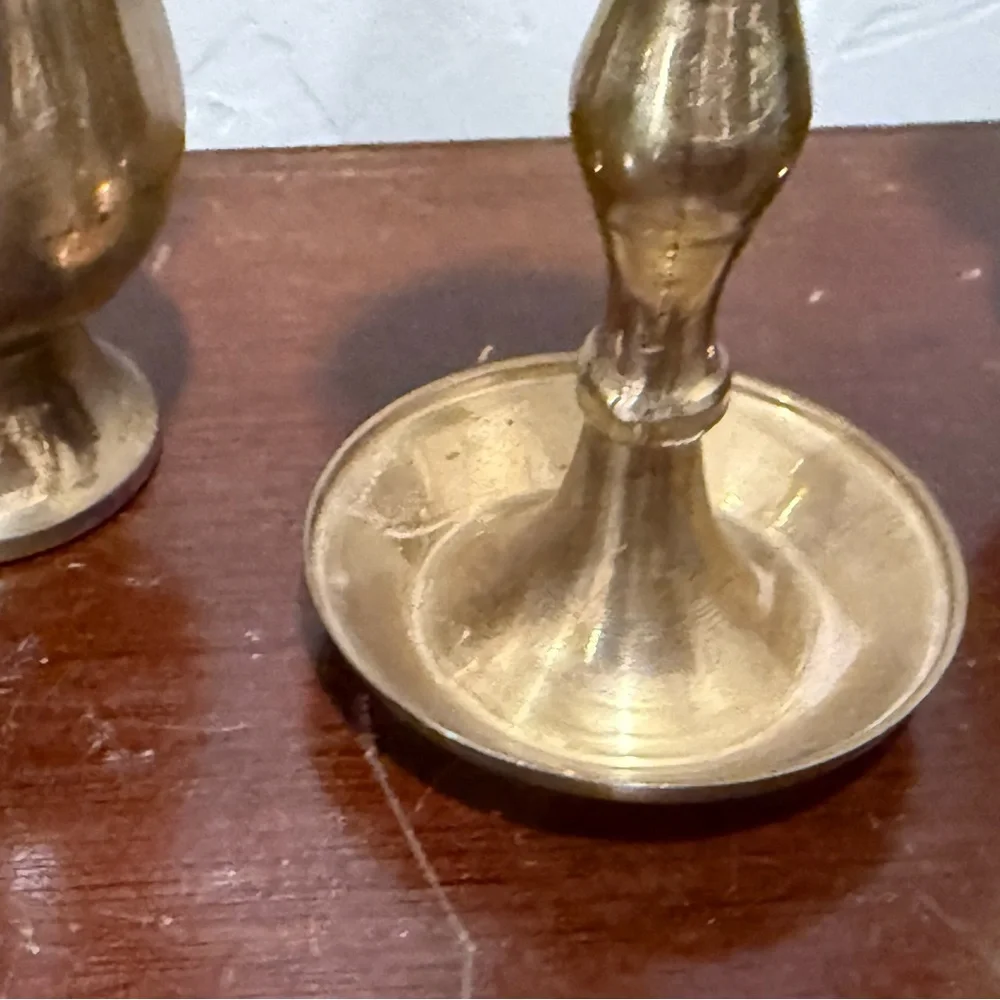 EUC Set Of 3 —2 Solid Brass Bud Vases & 1 Candleholder Made‎ in India